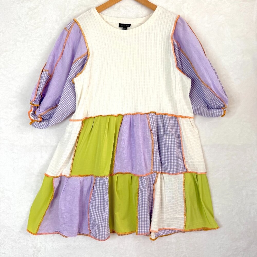 J JILL Wearever Collection Patchwork 3/4 Puff Sleeves Babydoll Boho Mini Dress M